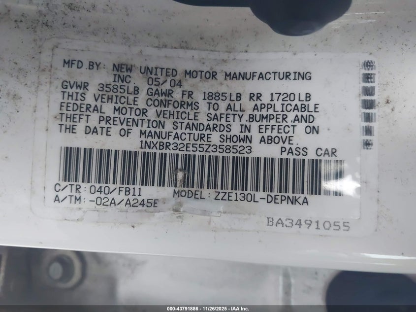 2005 Toyota Corolla Le VIN: 1NXBR32E55Z358523 Lot: 43791886