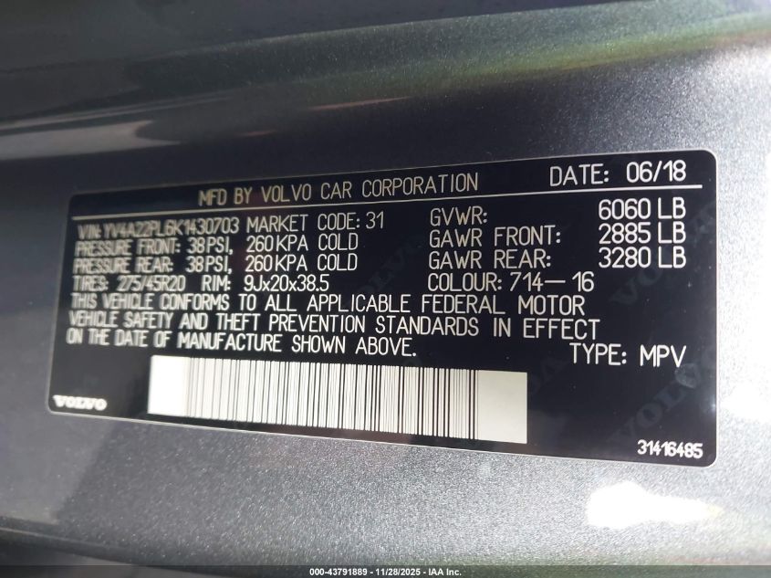 2019 Volvo Xc90 T6 Inscription VIN: YV4A22PL6K1430703 Lot: 43791889