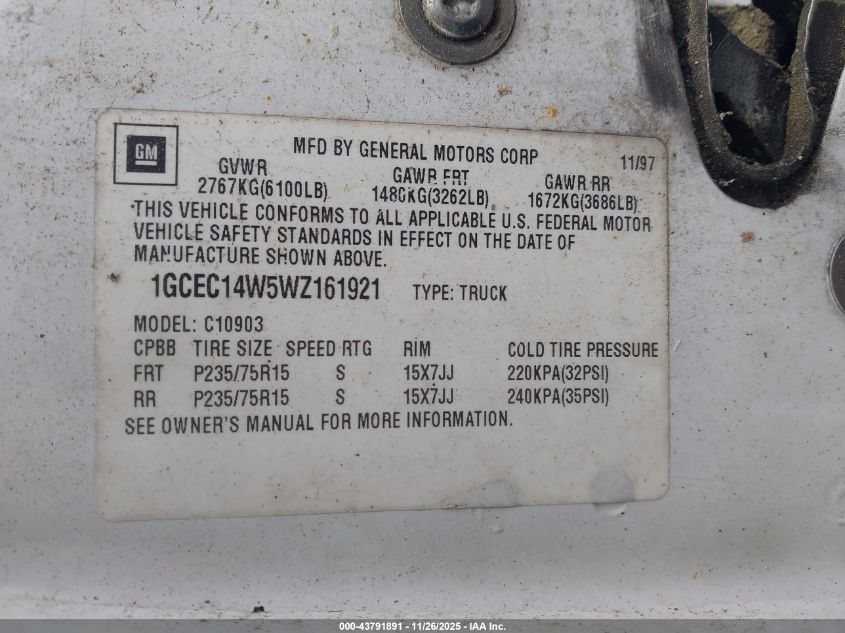 1998 Chevrolet C1500 Fleetside W/T VIN: 1GCEC14W5WZ161921 Lot: 43791891
