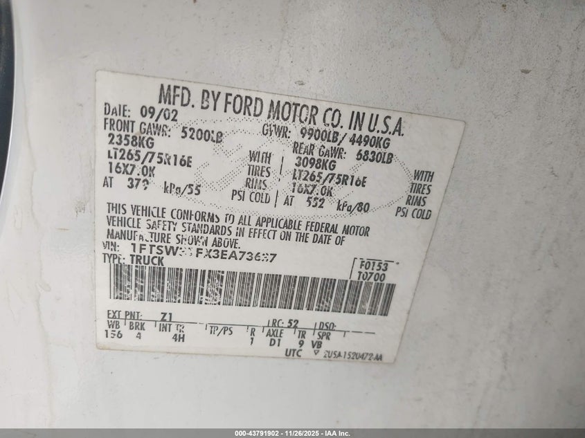 2003 Ford F-350 Lariat/Xl/Xlt VIN: 1FTSW31FX3EA73637 Lot: 43791902