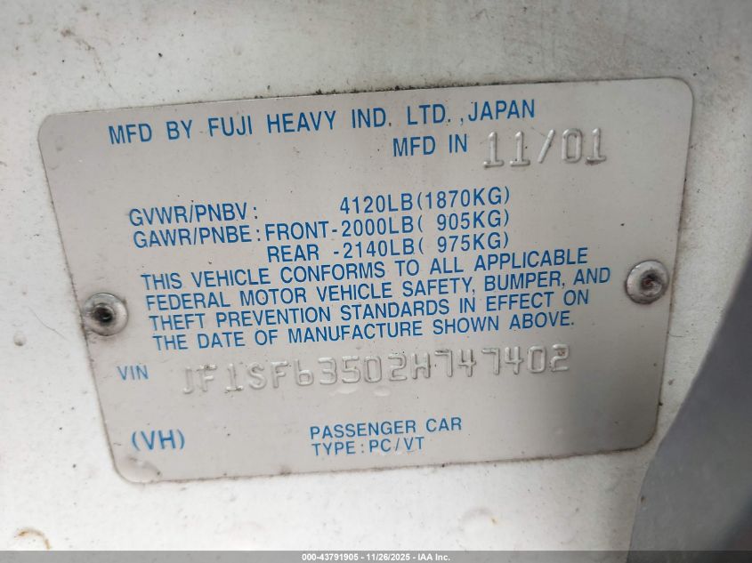 2002 Subaru Forester VIN: UF3SF63502H742402 Lot: 43791905