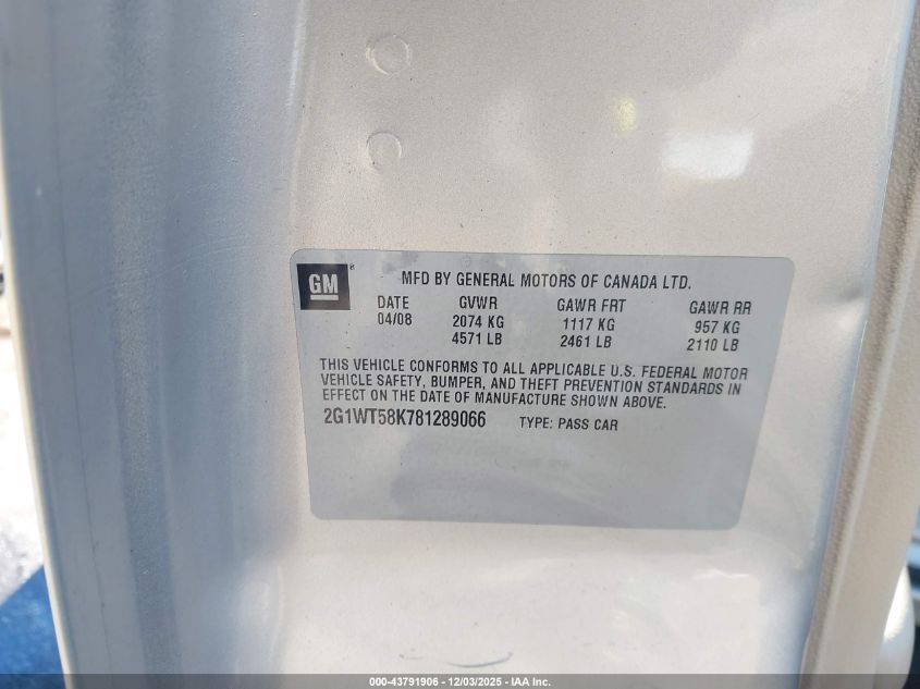 2008 Chevrolet Impala Lt VIN: 2G1WT58K781289066 Lot: 43791906