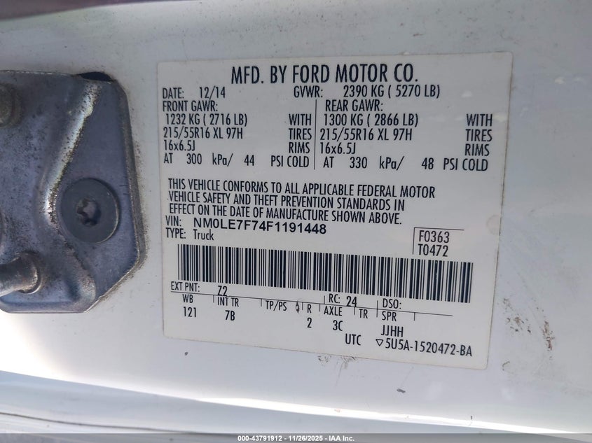 2015 Ford Transit Connect Xlt VIN: NM0LE7F74F1191448 Lot: 43791912