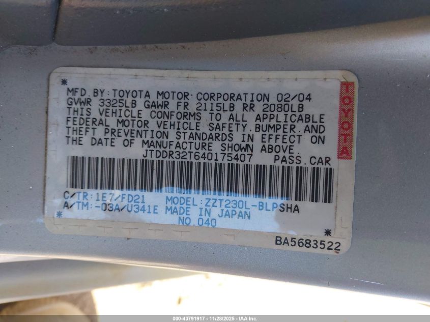 2004 Toyota Celica Gt VIN: JTDDR32T640175407 Lot: 43791917