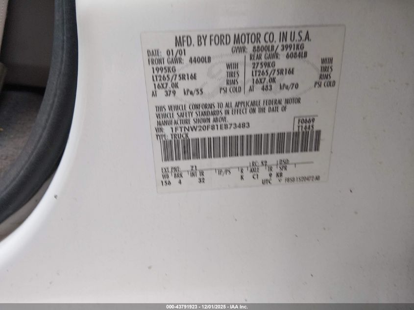 2001 Ford F-250 Lariat/Xl/Xlt VIN: 1FTNW20F81EB73483 Lot: 43791923