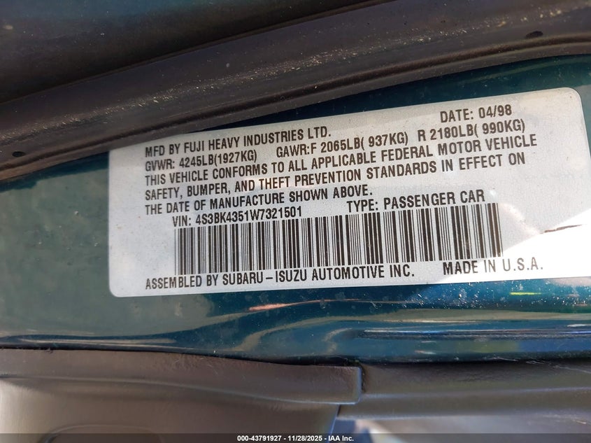 1998 Subaru Legacy L/Right Hand Postal Drive VIN: 4S3BK4351W7321501 Lot: 43791927