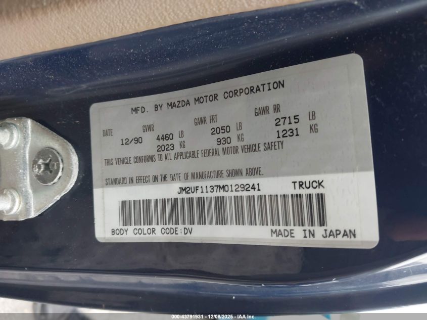 1991 Mazda B2200 Short Bed VIN: JM2UF1137M0129241 Lot: 43791931