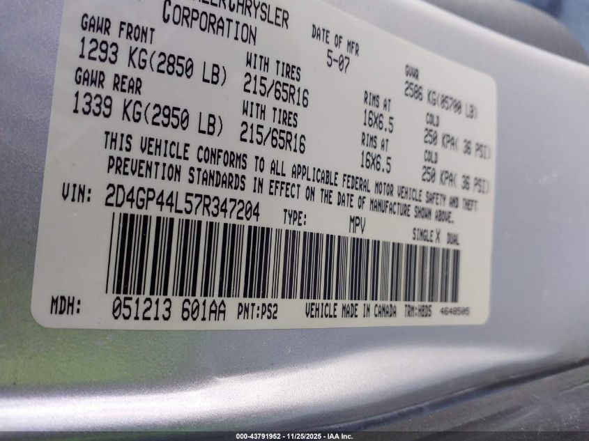 2007 Dodge Grand Caravan Sxt VIN: 2D4GP44L57R347204 Lot: 43791952