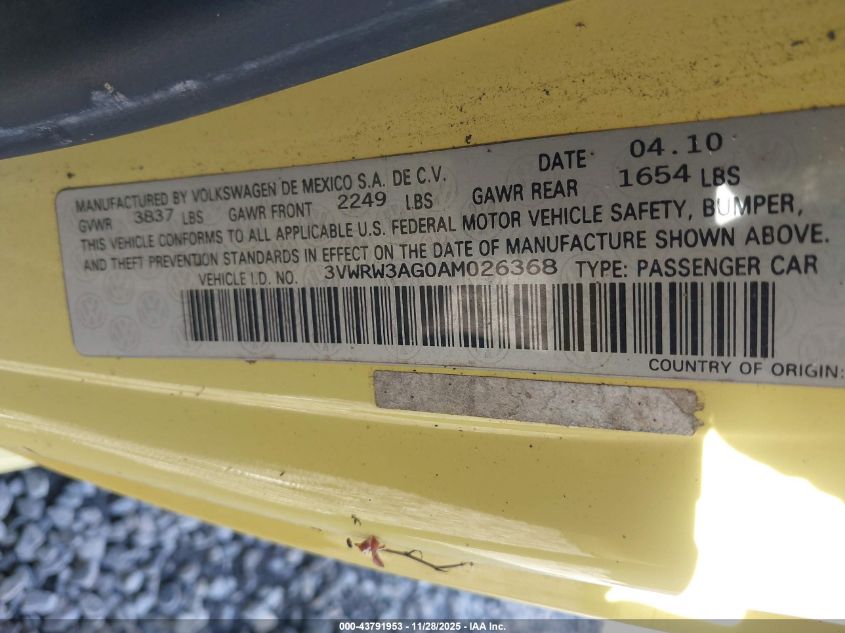 2010 Volkswagen New Beetle 2.5L VIN: 3VWRW3AGOAMO26368 Lot: 43791953