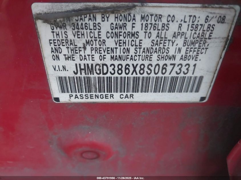 2008 Honda Fit Sport VIN: JHMGD386X8S067331 Lot: 43791956
