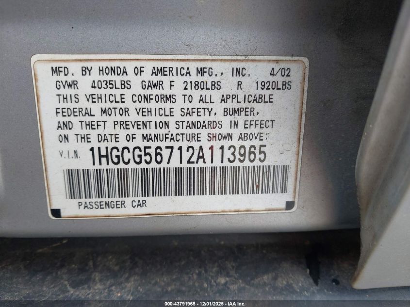 2002 Honda Accord 2.3 Se VIN: 1HGCG56712A113965 Lot: 43791965