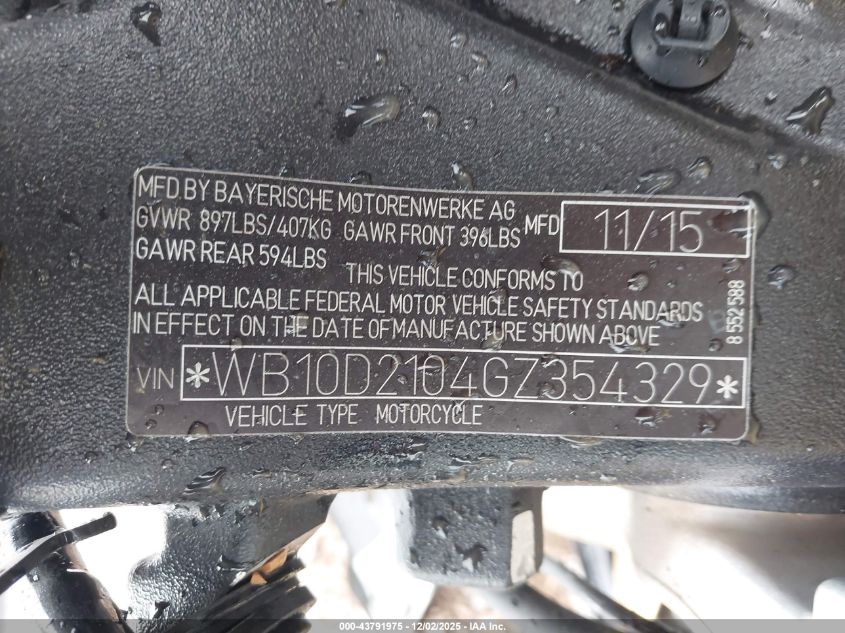 2016 BMW S 1000 Rr VIN: WB10D2104GZ354329 Lot: 43791975