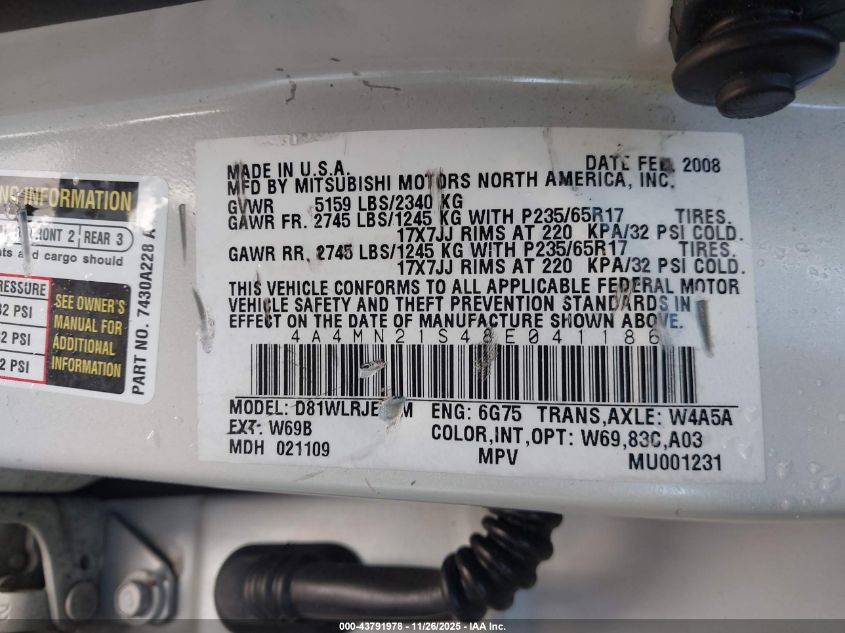 2008 Mitsubishi Endeavor Ls VIN: 4A4MN21S48E041186 Lot: 43791978