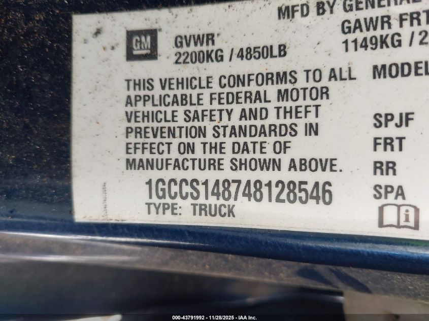 2004 Chevrolet Colorado Ls VIN: 1GCCS148748128546 Lot: 43791992