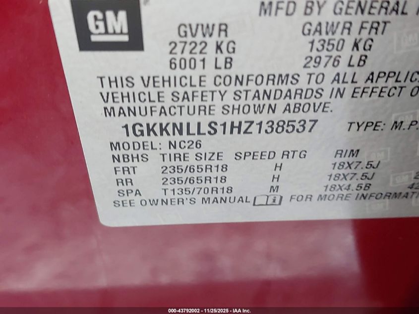 2017 GMC Acadia Sle-2 VIN: 1GKKNLLS1HZ138537 Lot: 43792002