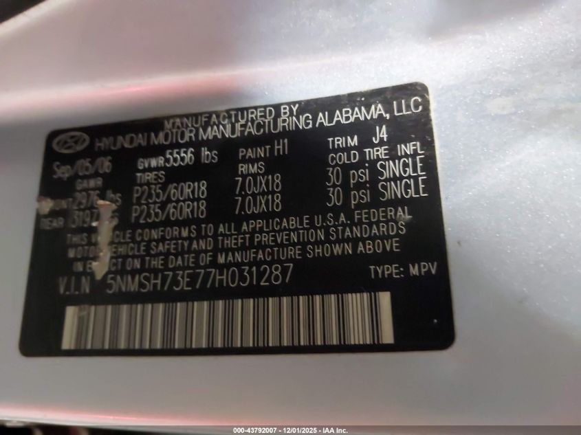 2007 Hyundai Santa Fe Limited/Se VIN: 5NMSH73E77H031287 Lot: 43792007