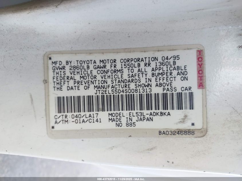 1995 Toyota Tercel Std VIN: JT2EL55D4S0081313 Lot: 43792015