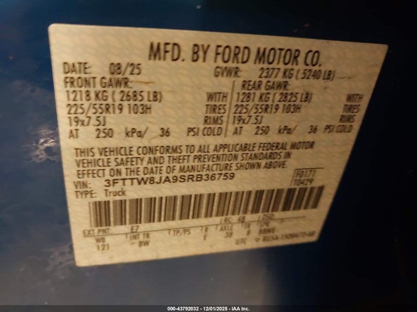 2025 Ford Maverick Xlt VIN: 3FTTW8JA9SRB36759 Lot: 43792032