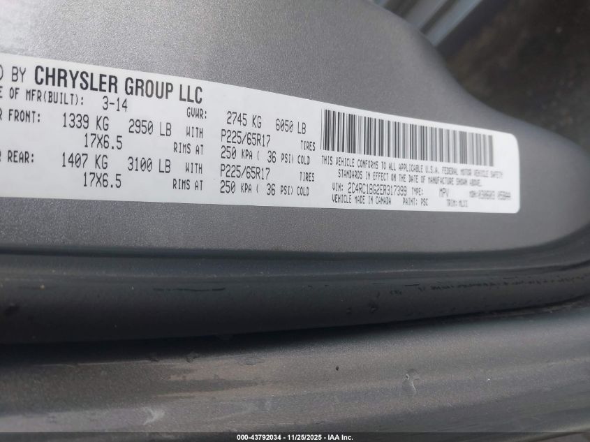 2014 Chrysler Town & Country Touring VIN: 2C4RC1BG2ER317399 Lot: 43792034