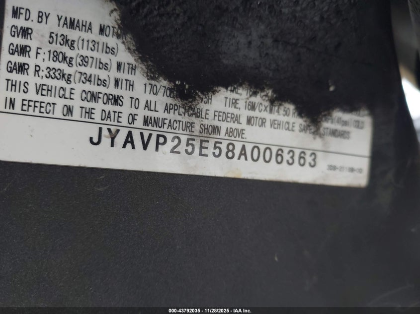2008 Yamaha Xvs1300 Ct VIN: JYAVP25E58A006363 Lot: 43792035