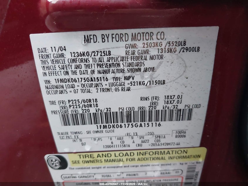 2005 Ford Freestyle Limited VIN: 1FMDK06175GA15116 Lot: 43792047