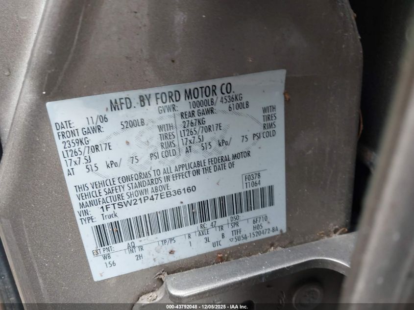 2007 Ford F-250 Lariat/Xl/Xlt VIN: 1FTSW21P47EB36160 Lot: 43792048