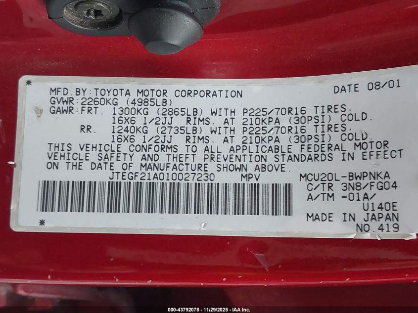 2001 Toyota Highlander V6 VIN: JTEGF21A010027230 Lot: 43792078