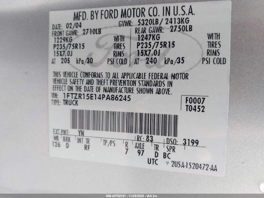 2004 Ford Ranger Xlt VIN: 1FTZR15E14PA86245 Lot: 43792101
