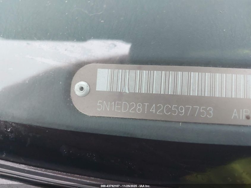 2002 Nissan Xterra Xe VIN: 5N1ED28T42C597753 Lot: 43792107