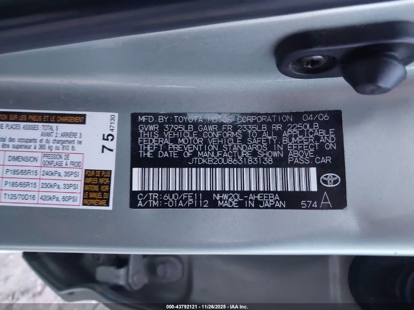 2006 Toyota Prius VIN: JTDKB20U863183138 Lot: 43792121