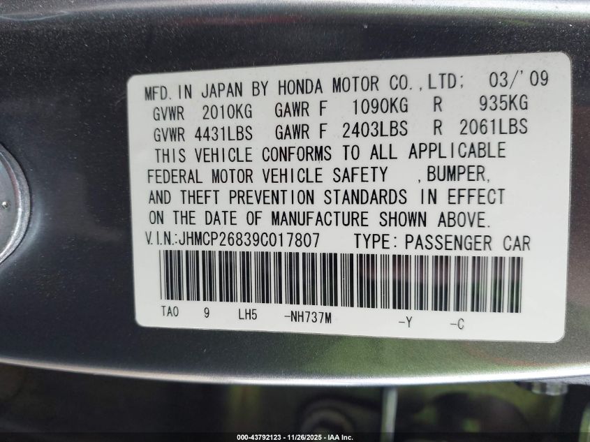 2009 Honda Accord 2.4 Ex-L VIN: JHMCP26839C017807 Lot: 43792123