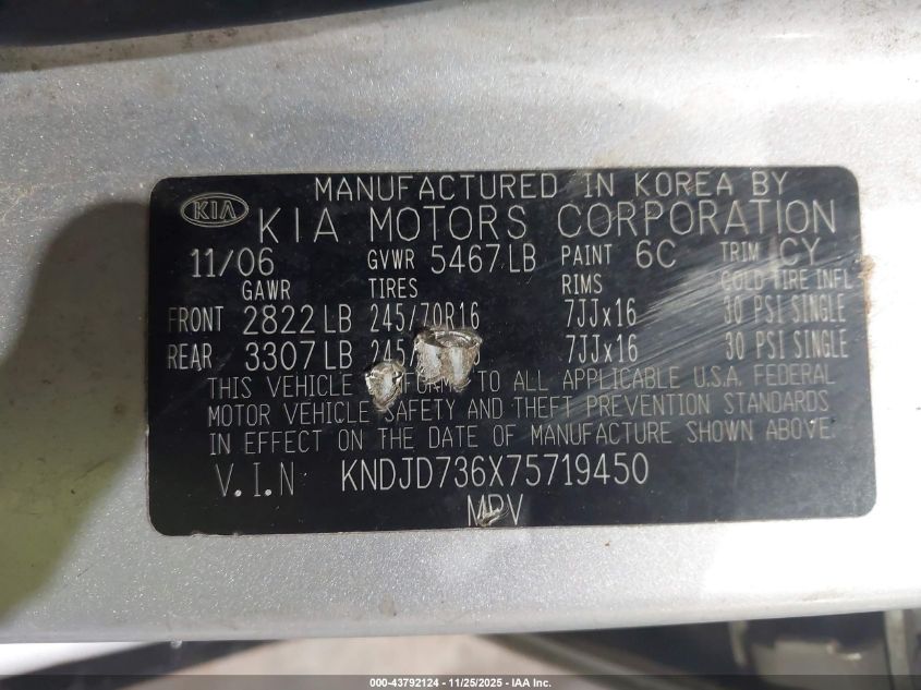 2007 Kia Sorento Ex VIN: KNDJD736X75719450 Lot: 43792124
