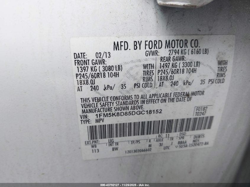 2013 Ford Explorer Xlt VIN: 1FM5K8D85DGC18152 Lot: 43792127