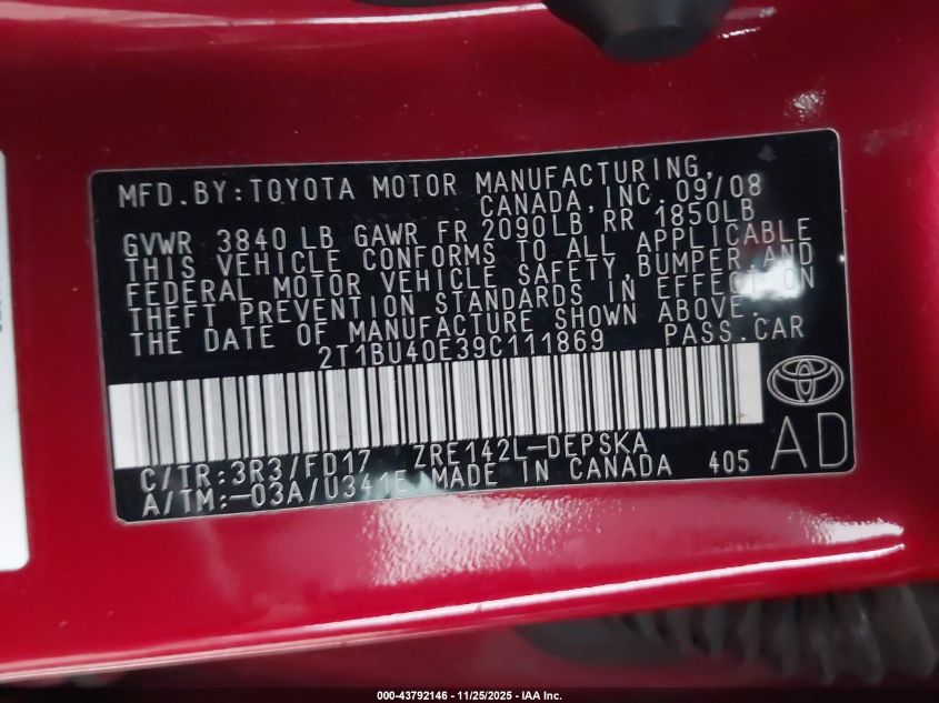 2009 Toyota Corolla S VIN: 2T1BU40E39C111869 Lot: 43792146