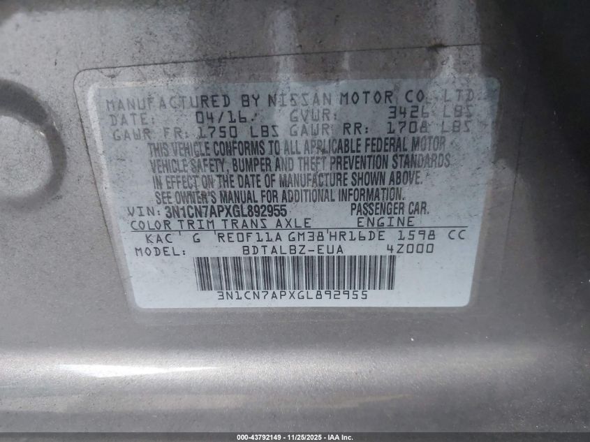 2016 Nissan Versa 1.6 Sv VIN: 3N1CN7APXGL892955 Lot: 43792149