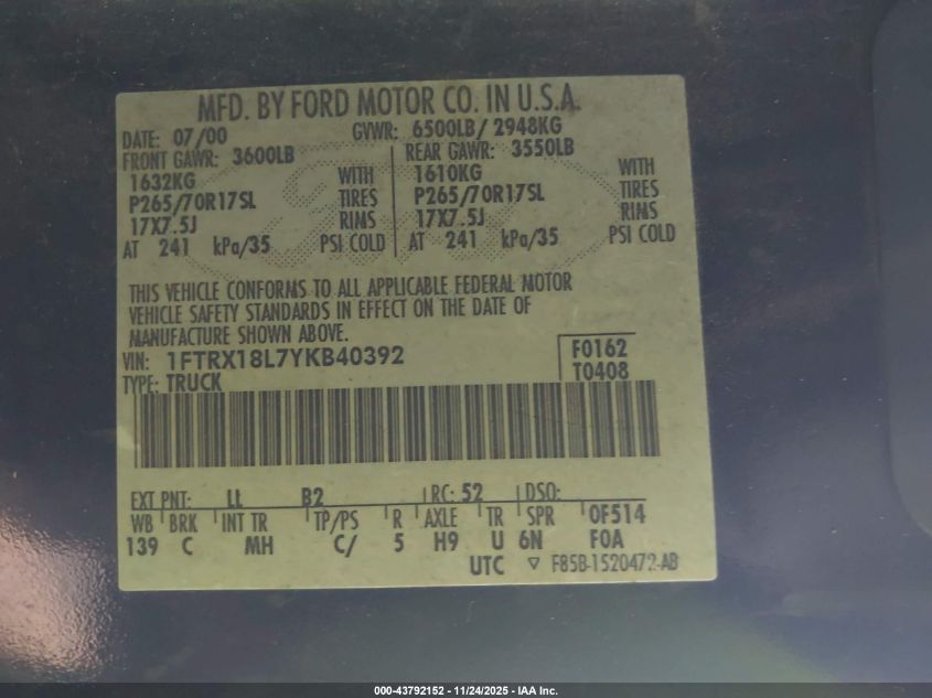 2000 Ford F-150 Lariat/Work Series/Xl/Xlt VIN: 1FTRX18L7YKB40392 Lot: 43792152