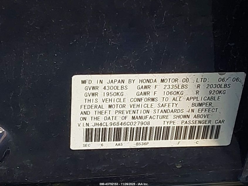 2006 Acura Tsx VIN: JH4CL96846C027908 Lot: 43792153