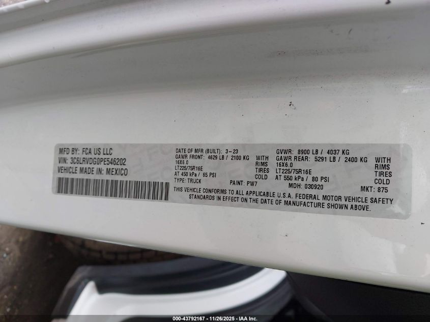 2023 Ram Promaster 2500 High Roof 159 Wb VIN: 3C6LRVDG0PE54620 Lot: 43792167