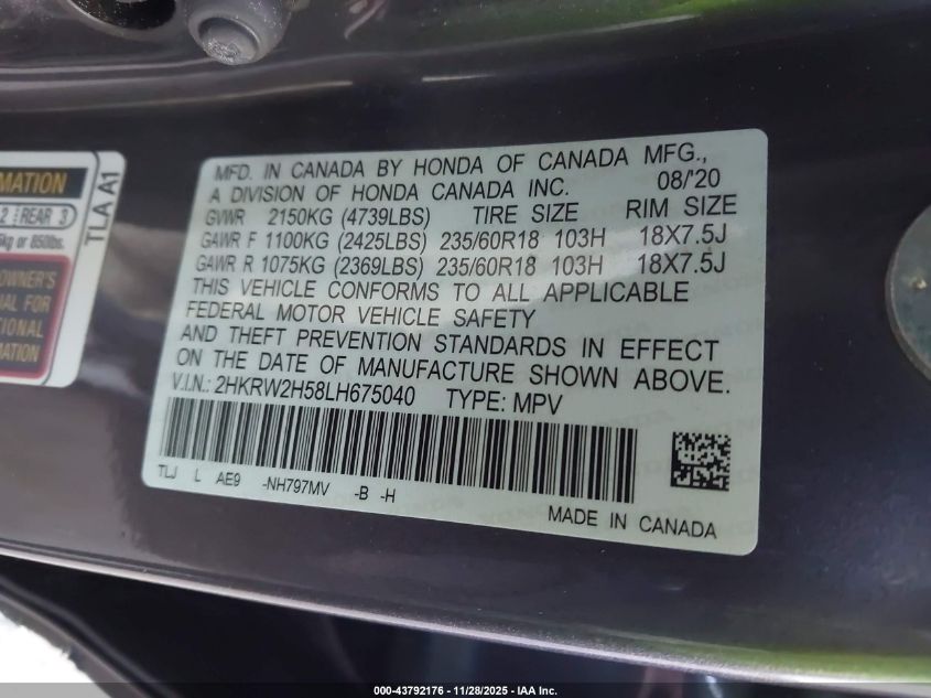 2020 Honda Cr-V Awd Ex VIN: 2HKRW2H58LH675040 Lot: 43792176