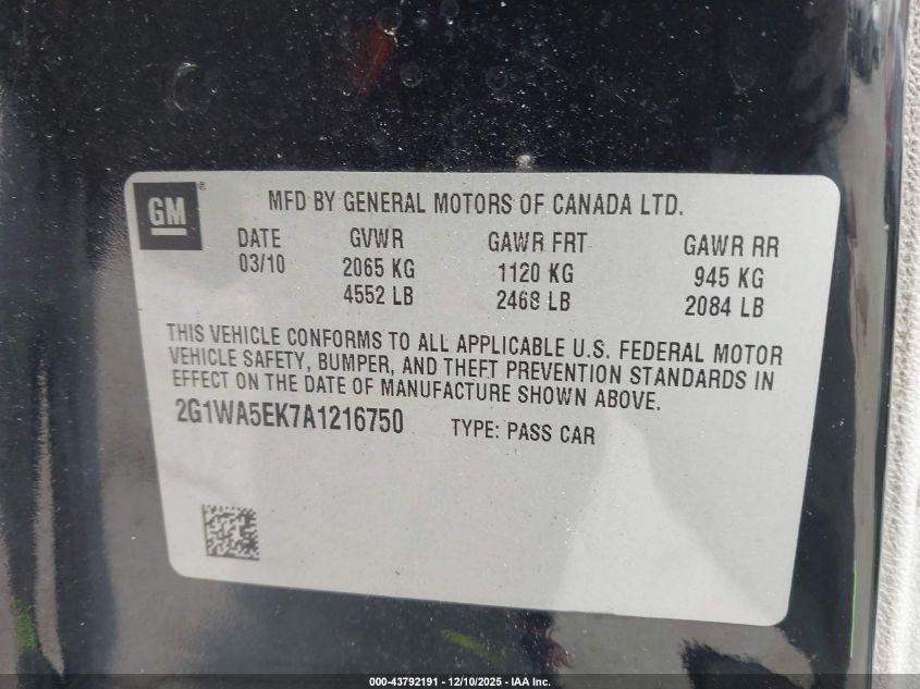 2010 Chevrolet Impala Ls VIN: 2G1WA5EK7A1216750 Lot: 43792191