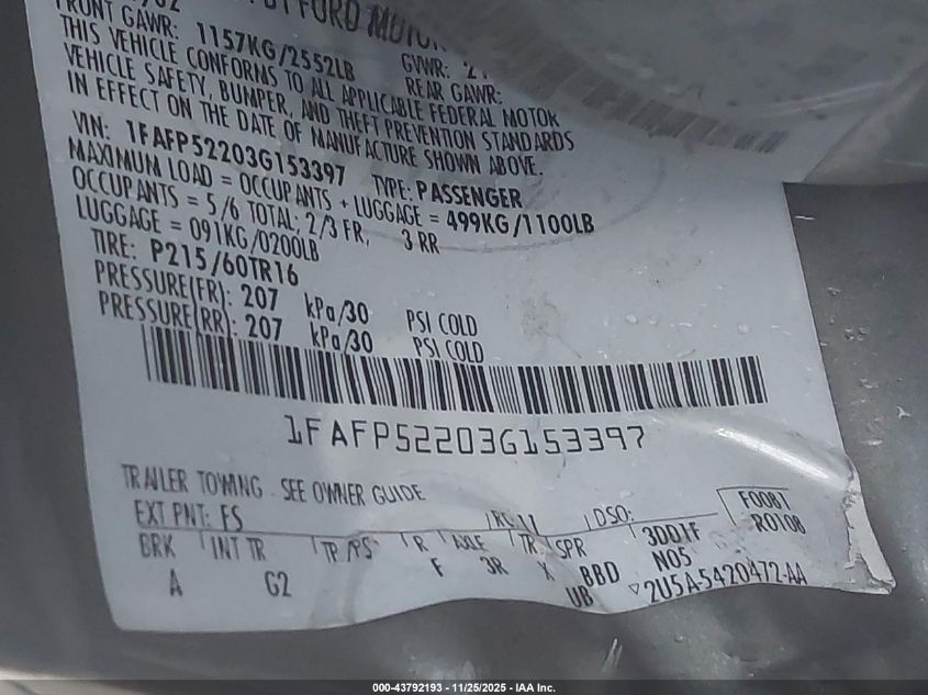 2003 Ford Taurus Lx VIN: 1FAFP52203G153397 Lot: 43792193