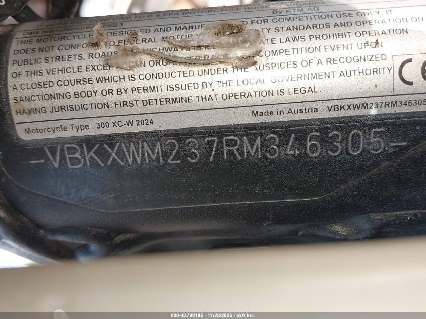 2024 Ktm 300 Xc-W Tpi VIN: VBKXWM237RM346305 Lot: 43792195