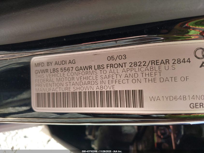 2004 Audi Allroad 2.7T VIN: WA1YD64B14N001540 Lot: 43792208