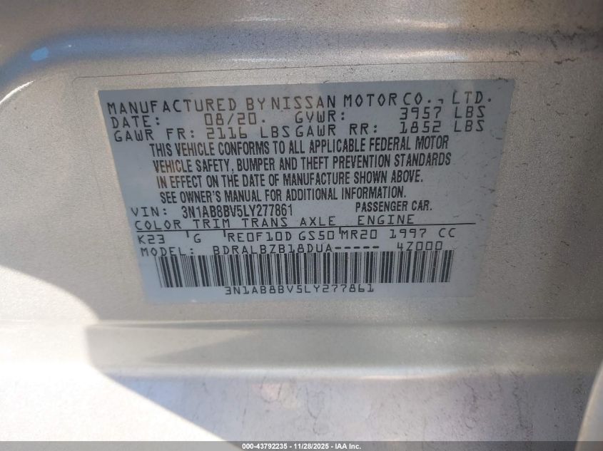 2020 Nissan Sentra S Xtronic Cvt VIN: 3N1AB8BV5LY277861 Lot: 43792235