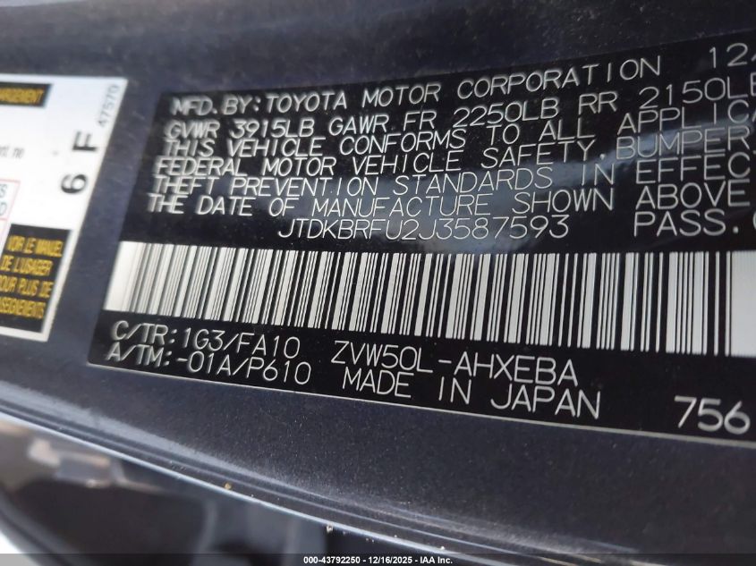 2018 Toyota Prius One VIN: JTDKBRFU2J3587593 Lot: 43792250