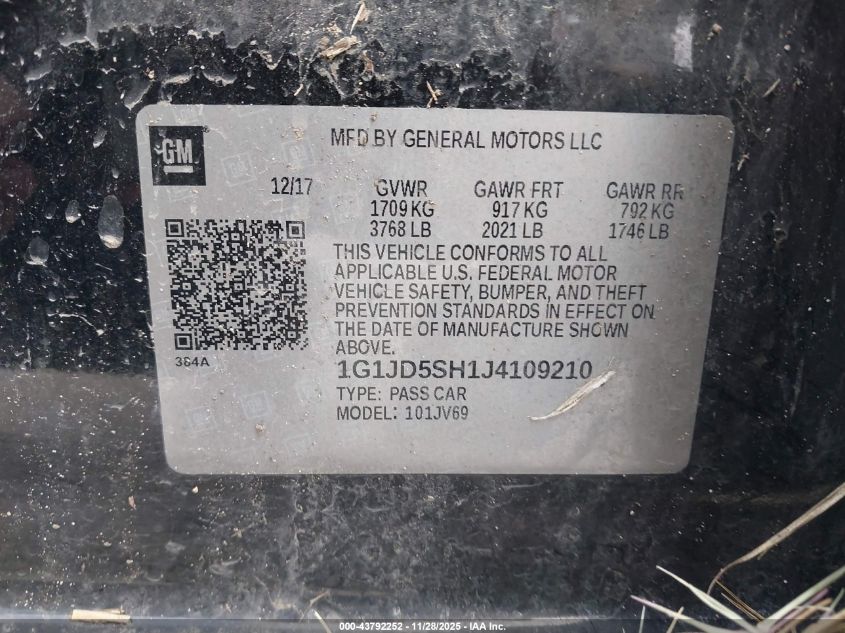 2018 Chevrolet Sonic Lt Auto VIN: 1G1JD5SH1J4109210 Lot: 43792252