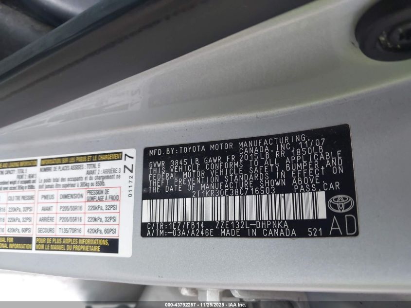 2008 Toyota Matrix Xr VIN: 2T1KR30E38C716503 Lot: 43792257