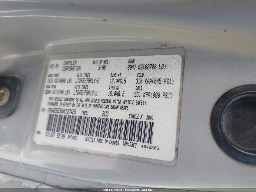 1998 Dodge Ram Wagon 3500 Value VIN: 2B5WB35Z8WK127429 Lot: 43792268