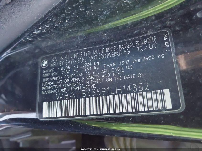 2001 BMW X5 4.4 VIN: WBAFB33591LH14352 Lot: 43792270