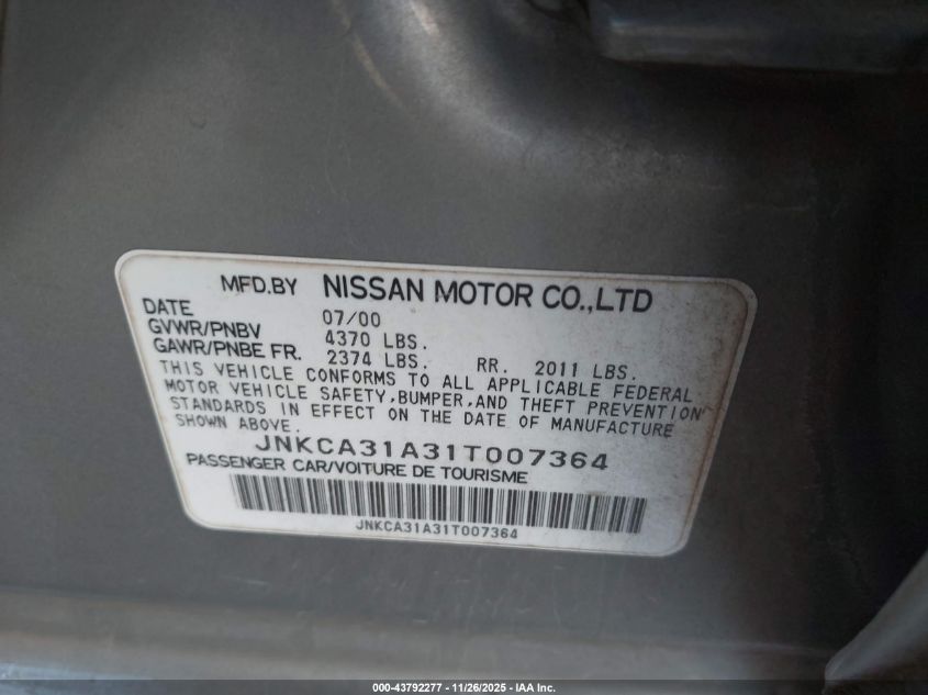 2001 Infiniti I30 Luxury VIN: JNKCA31A31T007364 Lot: 43792277